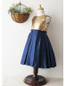 Navy Blue Pleated Satin Gold Sequin Keyhole Back Flower Girl Dress